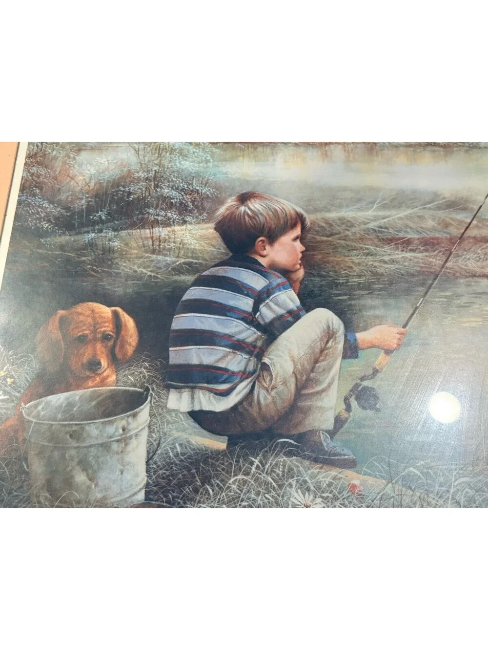 Homco Home Interiors Framed Print of Boy and Dog Fishing Wood Picture 14x18
